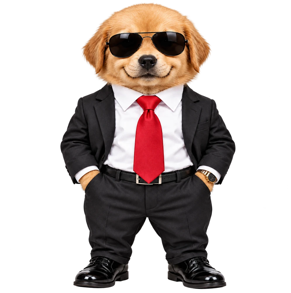 Maverick, a golden retriever puppy in a suit and sunglasses